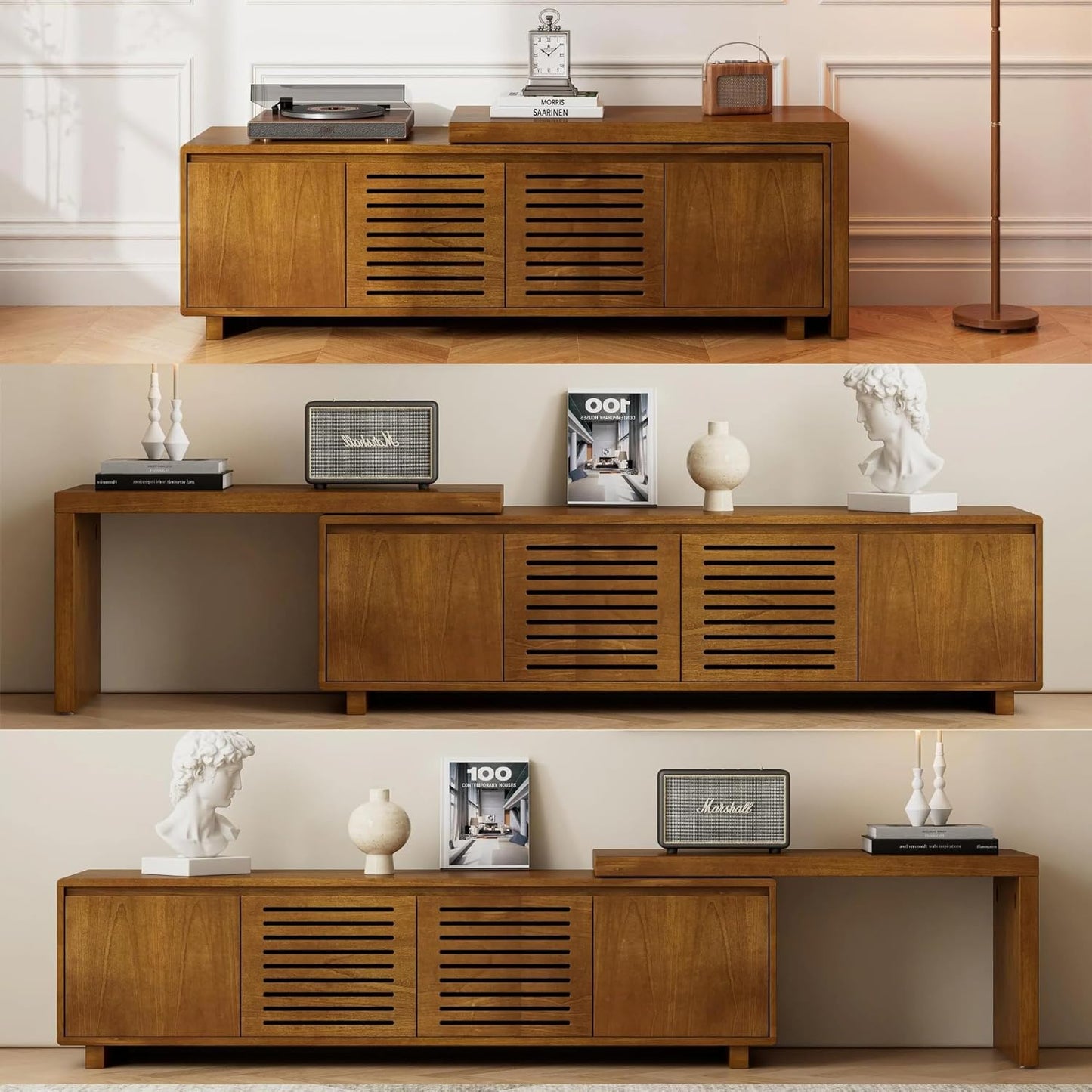 Mid Century Modern TV Stand,Extendable Entertainment Center for 65/70/75/80 Inch Tv,Media Console for Living Room&Bedroom, Walnut