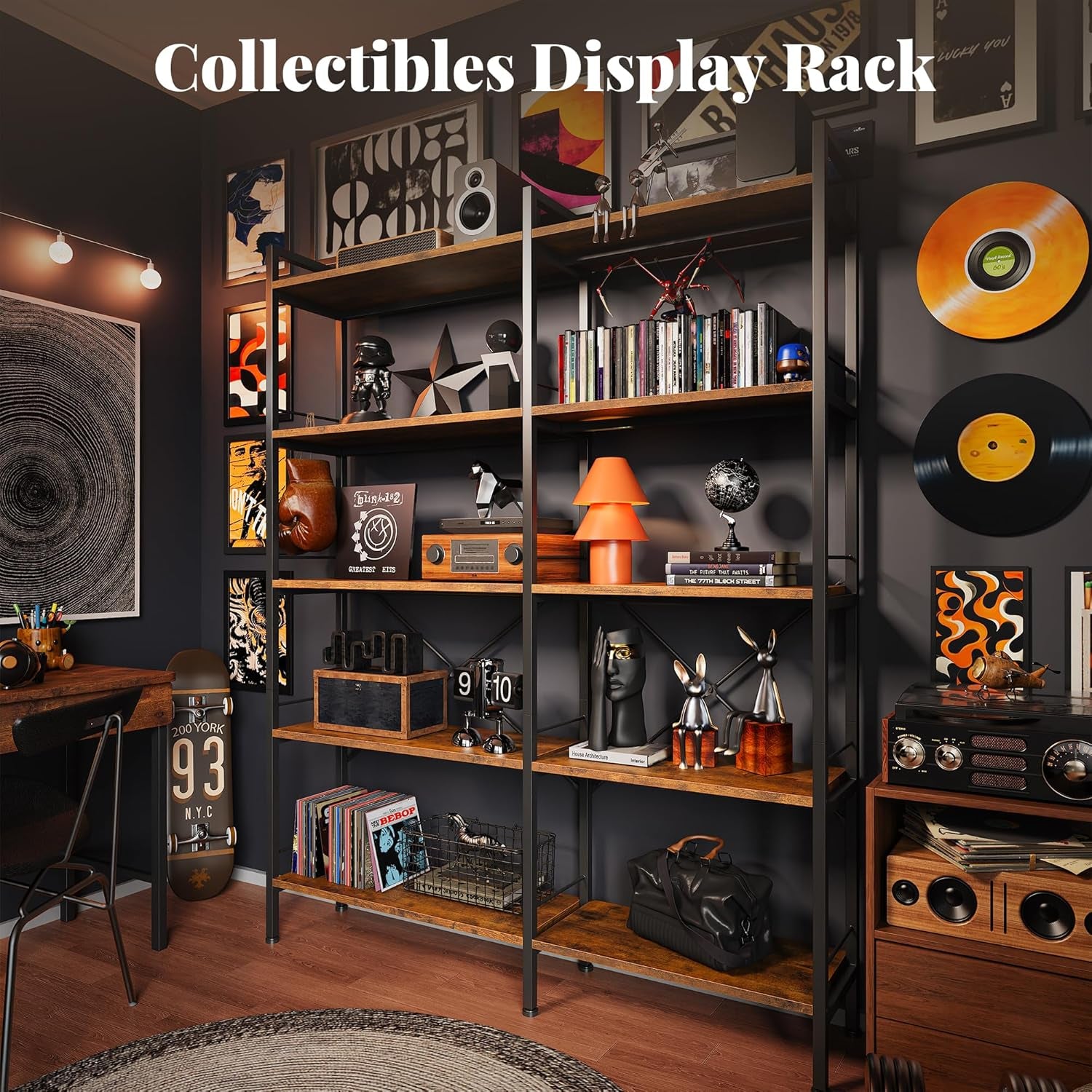 5 Tier Bookshelf, L Shaped Corner Bookshelf with 10 Open Shelves, 49.4 Inch Straight Wide Bookcase with Metal Frame and Wooden Board, Adjustable Feet, Rustic Brown