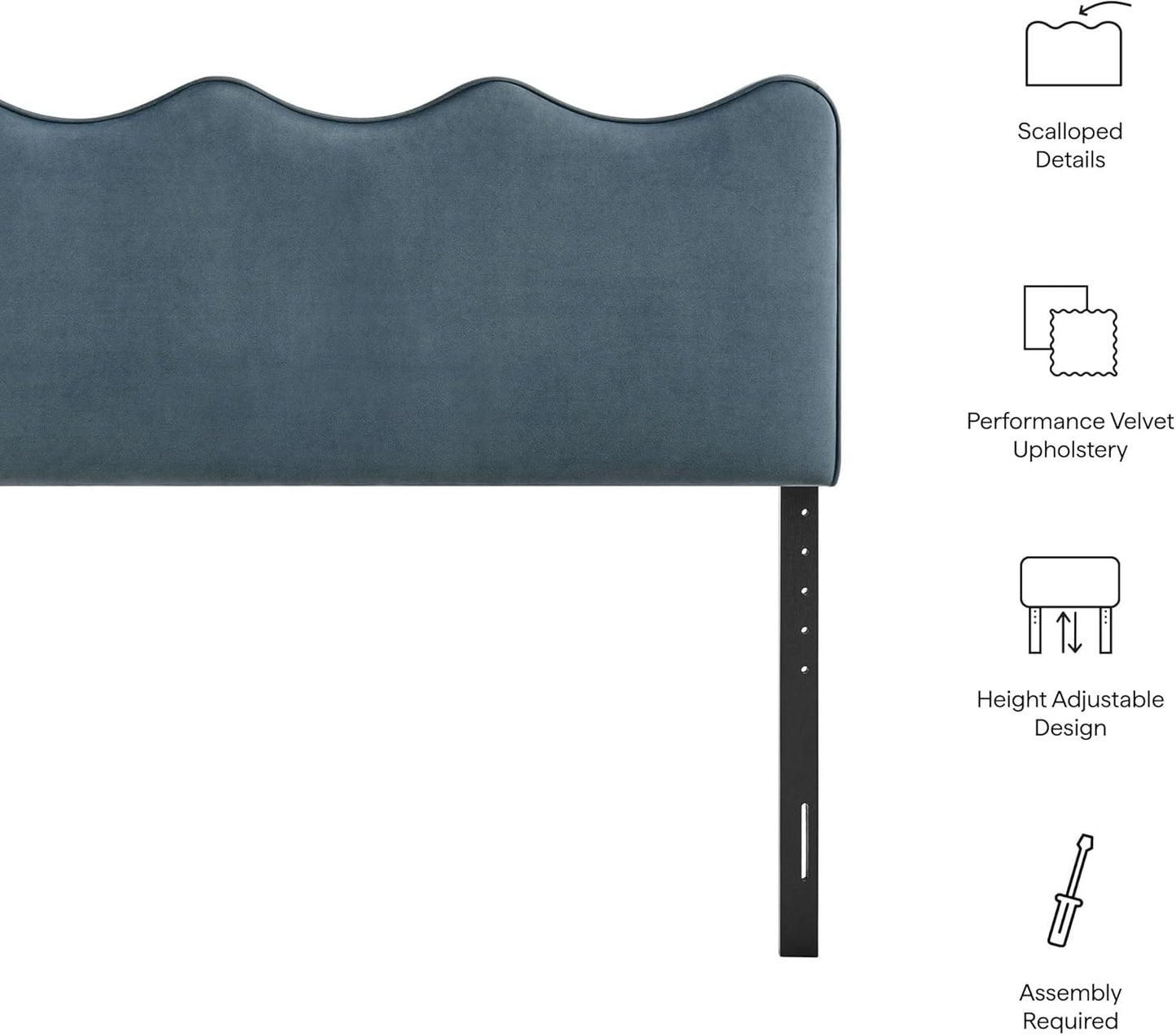 Monday Athena King Size Performance Velvet Adjustable Headboard in Cadet Blue - with Scalloped Wave Design and Stain-Resistant Velvet Upholstery