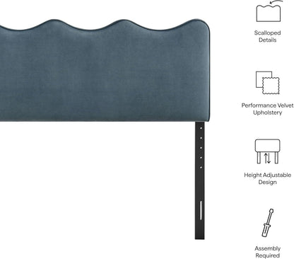 Monday Athena King Size Performance Velvet Adjustable Headboard in Cadet Blue - with Scalloped Wave Design and Stain-Resistant Velvet Upholstery