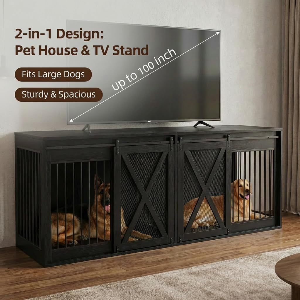 94.5In XXXL Double Dog Crate Furniture, Farmhouse Dog Kennel TV Stand for 2 Large Dogs, Heavy Duty Dog Cage Extra Large Breed with Divider & Sliding Metal Barn Door, Black