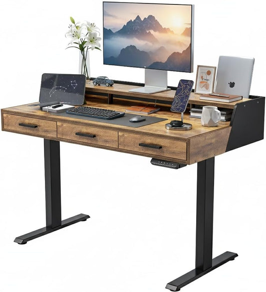 Standing Desk 48X26 Inches with 3 Wood Drawers and Monitor Shelf, Ergonomic Rising Home Office Desks, Height Adjustable Computer Desk, Sit Stand up Electric Workstation Table, Rustic Brown
