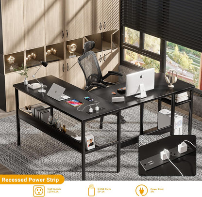 Reversible L Shaped Desk with Magic Power Outlets and USB Charging Ports, Sturdy Corner Computer Desk with Storage Shelves, Gaming Table Home Office Desk, Easy to Assemble, Black