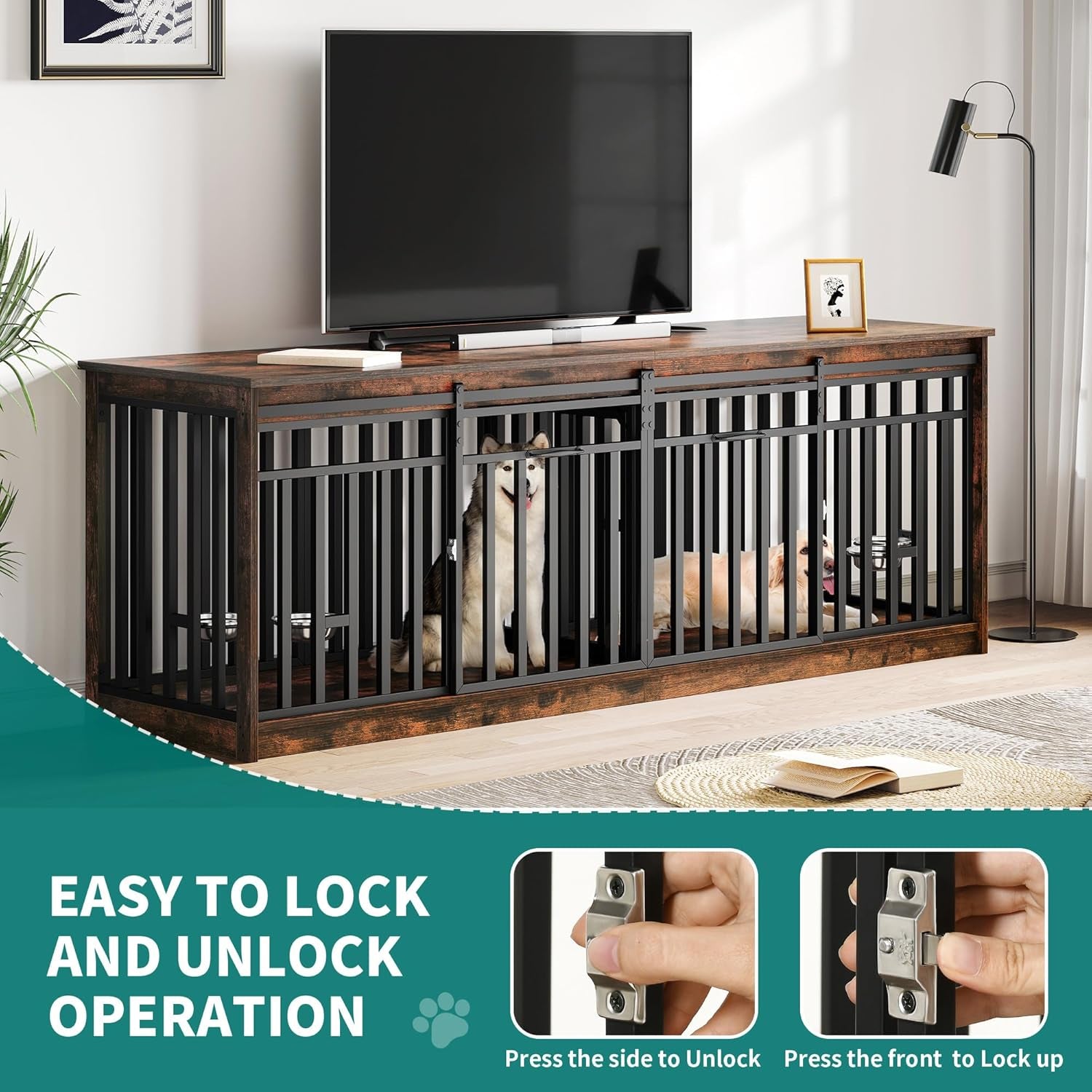 55 Inch Large Dog Crate Furniture, Heavy Duty Wooden Dog Crate TV Stand with 2 Dog Bowls, Metal Dog Kennel Indoor Furniture Sliding Barn Door Design for Extra Large Dogs, Rustic Brown