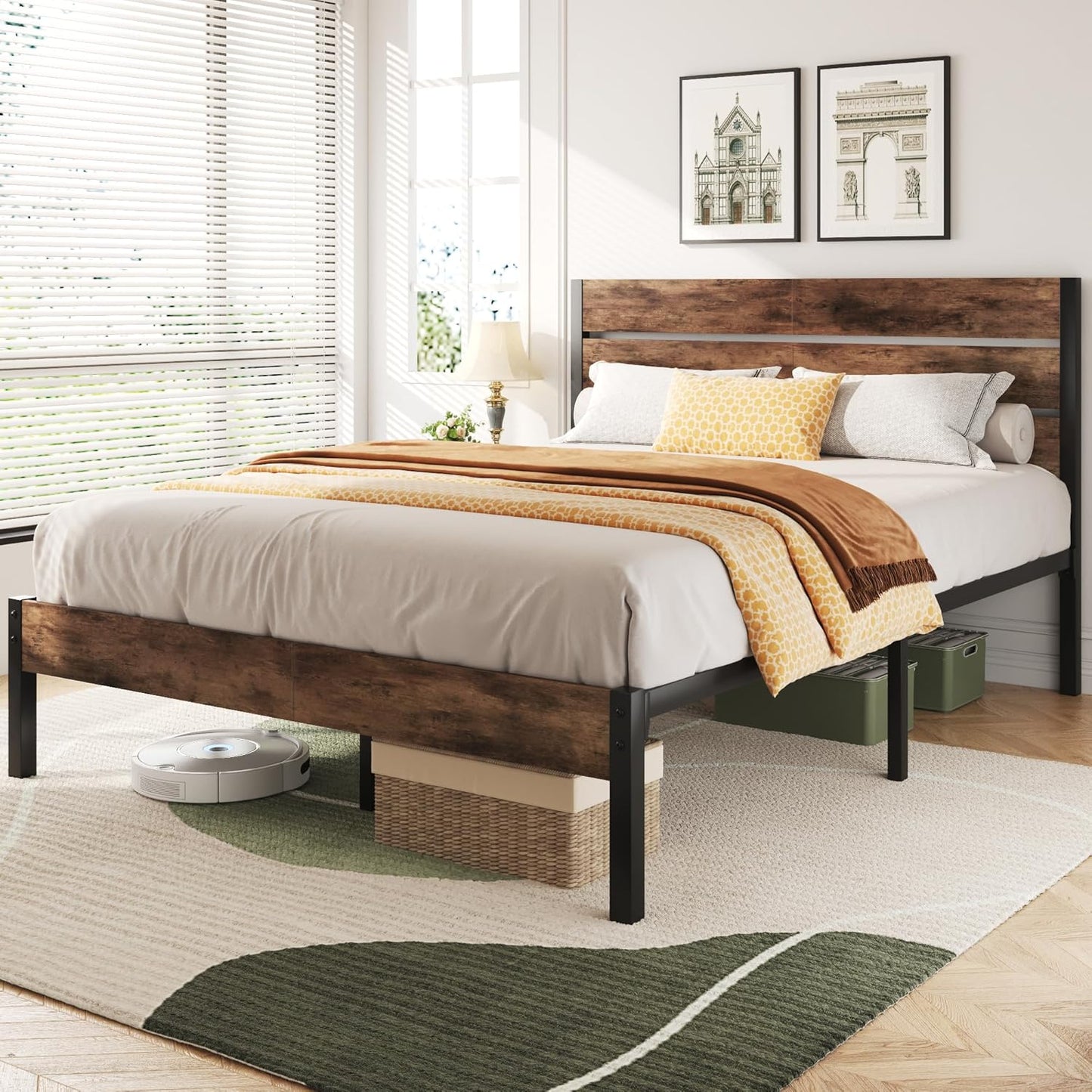 Queen Bed Frame with Headboard and Footboard, Metal Queen Bed Frame with Under-Bed Storage, All-Metal Support System, No Box Spring Needed, Easily Assemble, Rustic Brown
