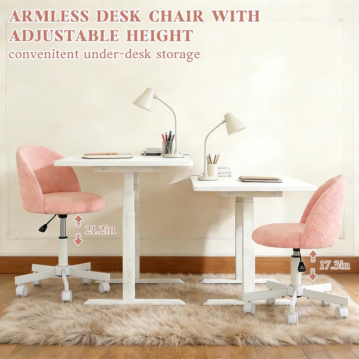 Pink Vanity Chair with Wheels - Swivel Makeup Chair Small Computer Chair with Back Adjustable Height Desk Chair for Girl & Woman, Cozy Fuzzy Velvet Chair for Bedroom & Home Office