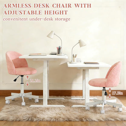 Pink Vanity Chair with Wheels - Swivel Makeup Chair Small Computer Chair with Back Adjustable Height Desk Chair for Girl & Woman, Cozy Fuzzy Velvet Chair for Bedroom & Home Office
