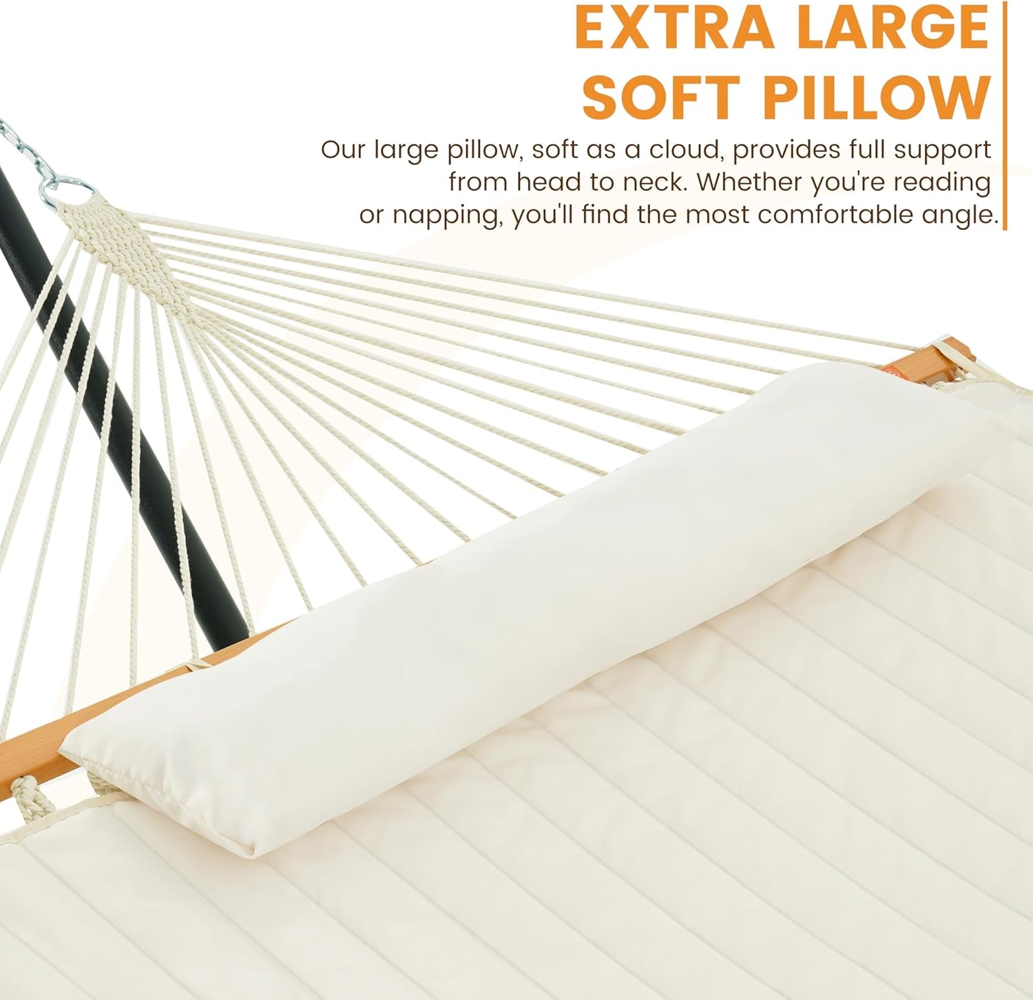 2 Person Portable Hammock with 12FT Stand, Double Hand Woven Cotton Rope Hammock with Detachable Quilted Pad & Pillow for Outside, 450Lb Capacity, Natural