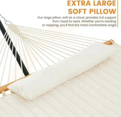 2 Person Portable Hammock with 12FT Stand, Double Hand Woven Cotton Rope Hammock with Detachable Quilted Pad & Pillow for Outside, 450Lb Capacity, Natural