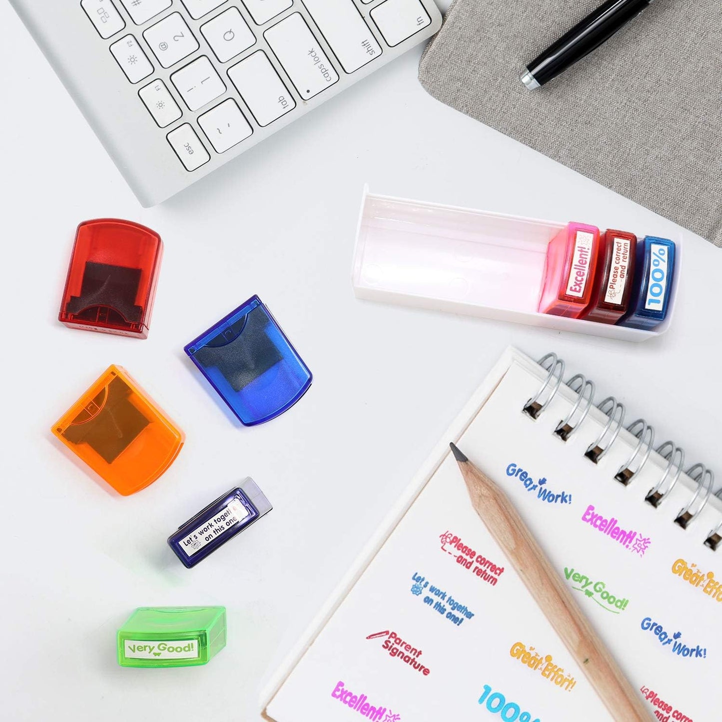 8PCS Teacher Stamp Set,Colorful Self-Inking Motivational Classroom Stamper for Grading,Encouraging Rating Stamp Student,Parent Signature Stamps for Homework,School Homeschool Reward Supplies