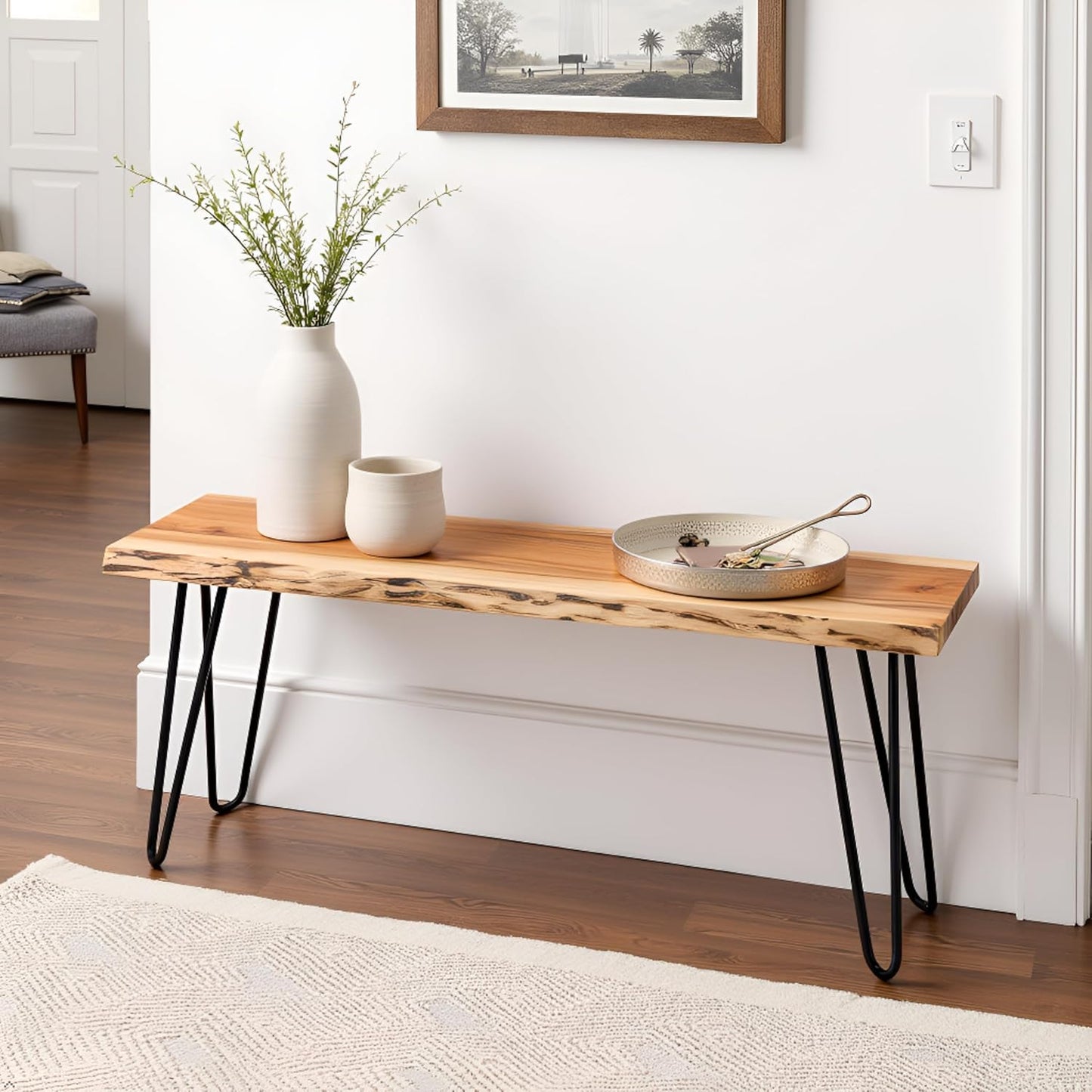 48” Live Edge Dining Bench – Rustic Industrial Farmhouse Solid Acacia Wood with Metal Hairpin Legs – Ideal for Dining Room, Kitchen, or Entryway