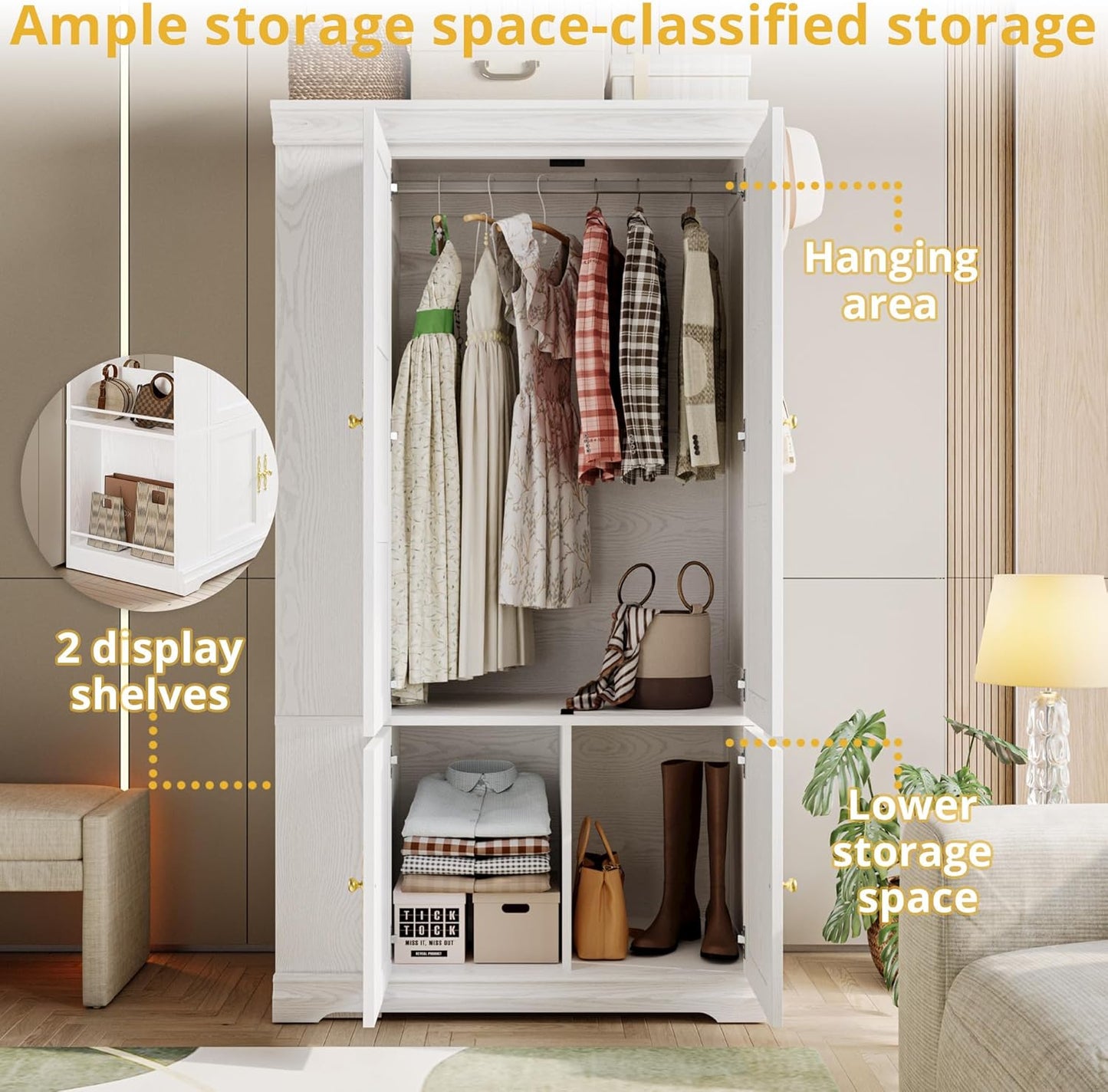 Armoire Wardrobe Closet with Mirror, 70” Wooden Wardrobe Cabinet with 4 Doors, 2 Open Storage Shelves, Freestanding Bedroom Armoire with 3 Hooks & Hanging Rod for Home Room, White