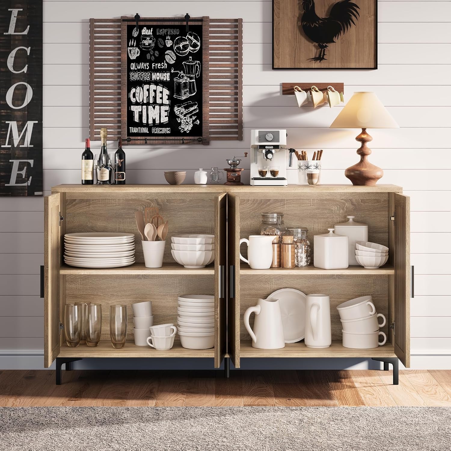 Buffet Cabinet with Storage, 48" Rattan Sideboard with Adjustable Shelves, Modern Coffee Bar Cabinet Console Table with Doors, Credenza for Kitchen, Living Room, Entryway, Dining Room, Wood