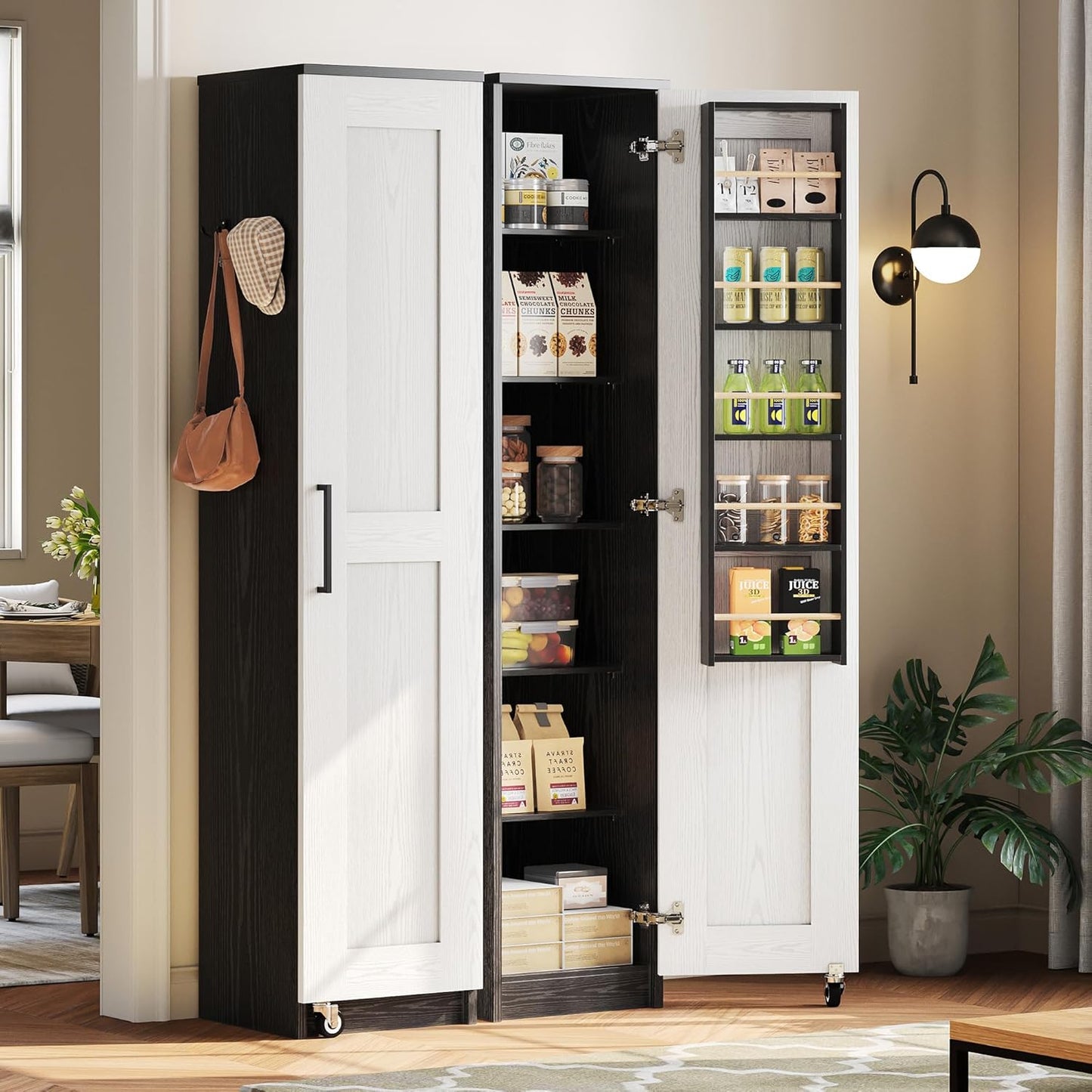 Small Kitchen Pantry Cabinet 72" for Narrow Space, with Single Door and Adjustable Shelves, Freestanding Tall Storage Cabinet for Living Room, Bathroom, Black and White