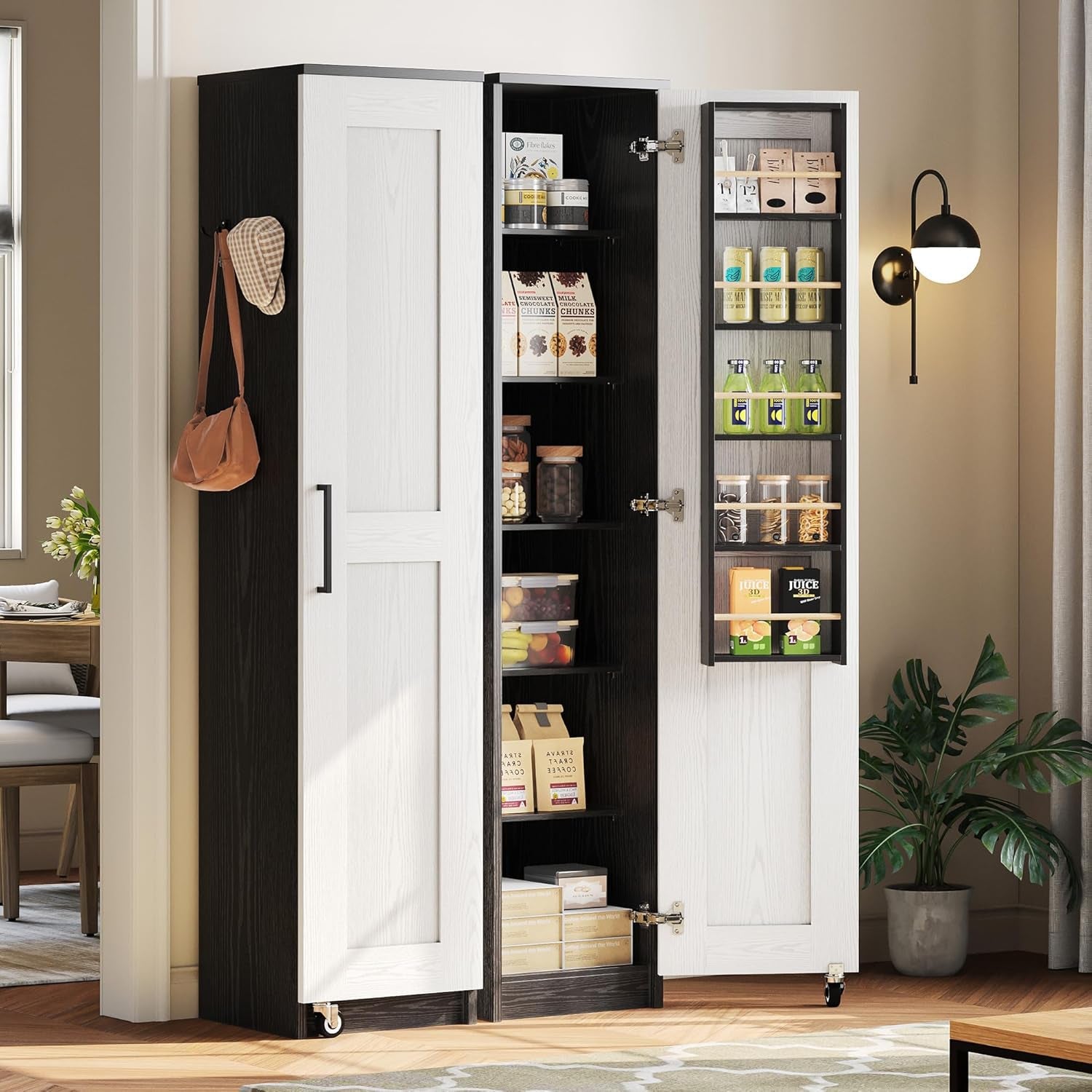 Small Kitchen Pantry Cabinet 72" for Narrow Space, with Single Door and Adjustable Shelves, Freestanding Tall Storage Cabinet for Living Room, Bathroom, Black and White