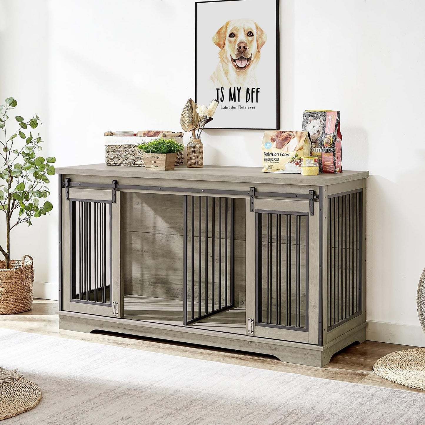 XXL Wooden Dog Crate Furniture with Sliding Barn Door, 60.6" Indoor Kennel with Divider, Modern TV Stand for Large Dog or 2 Medium Dogs (Grey)