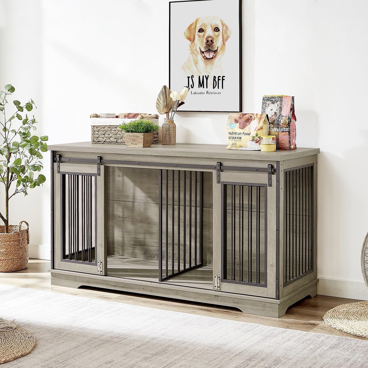 XXL Wooden Dog Crate Furniture with Sliding Barn Door, 60.6" Indoor Kennel with Divider, Modern TV Stand for Large Dog or 2 Medium Dogs (Grey)