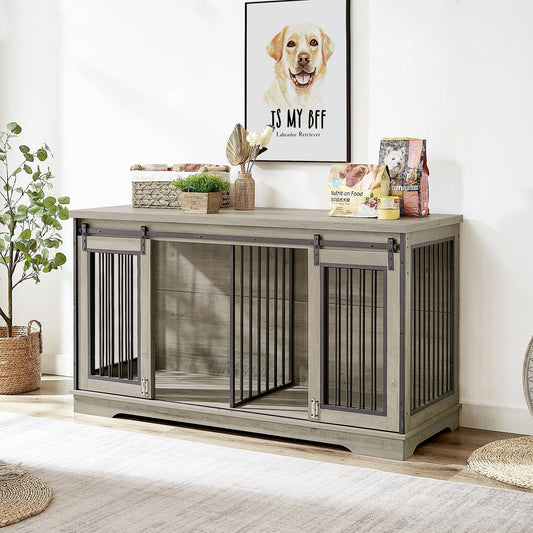 XXL Wooden Dog Crate Furniture with Sliding Barn Door, 60.6" Indoor Kennel with Divider, Modern TV Stand for Large Dog or 2 Medium Dogs (Grey)