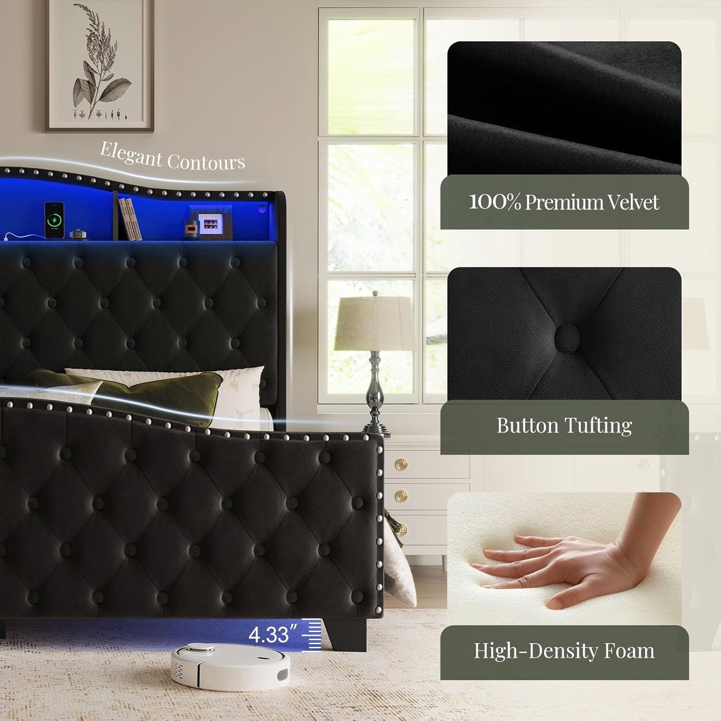 King Size Bed Frame and Headboard, 50.9" Velvet Upholstered Wingback Bedframe with LED Lights & Storage/Charging Station, Button Tufted Tall Footboard, No Box Spring Needed, Noise-Free, Black