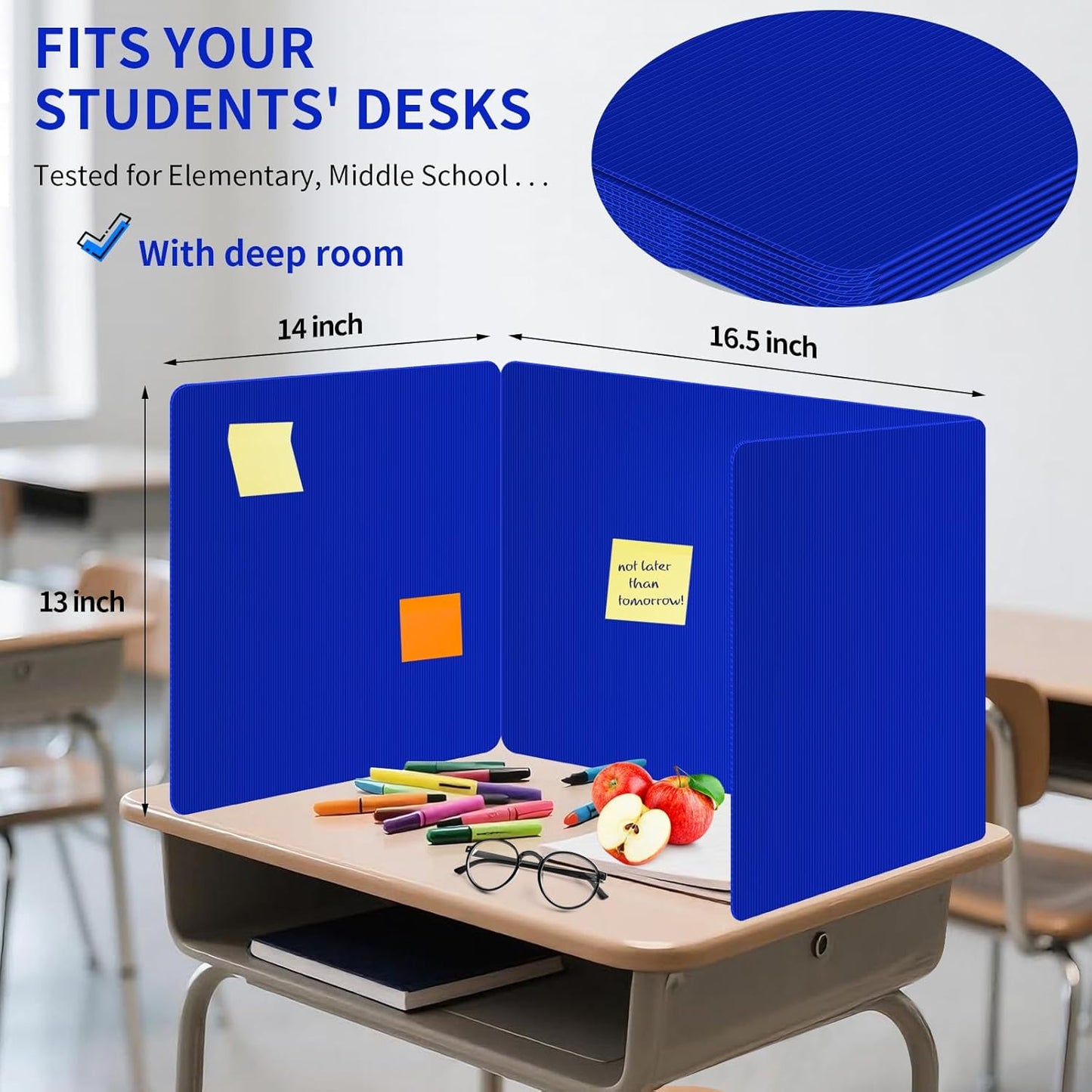 6 Pack Blue Desk Dividers for Students, Privacy Shields Folder for Students, Durable & Waterproof Plastic Study Board, Classroom Teacher Supplies Test Divider, Includes Extra Labels