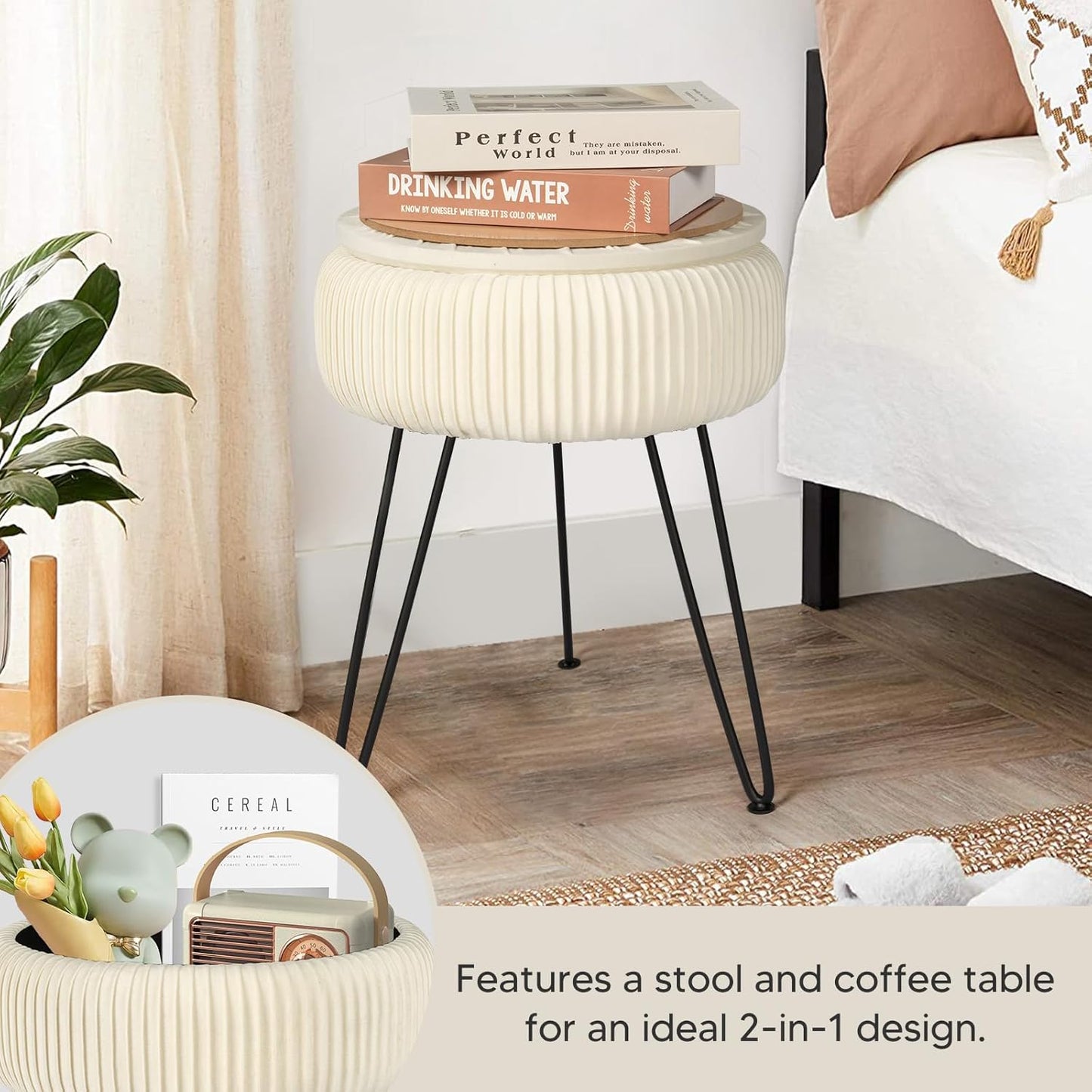 Velvet Vanity Stool with Storage, round Ottoman Vanity Chairs with Anti-Slip Feet, Dressing Table Seat Foot Stool with Black Legs, Furry Padded Seat Side Table for Makeup Bedroom, White