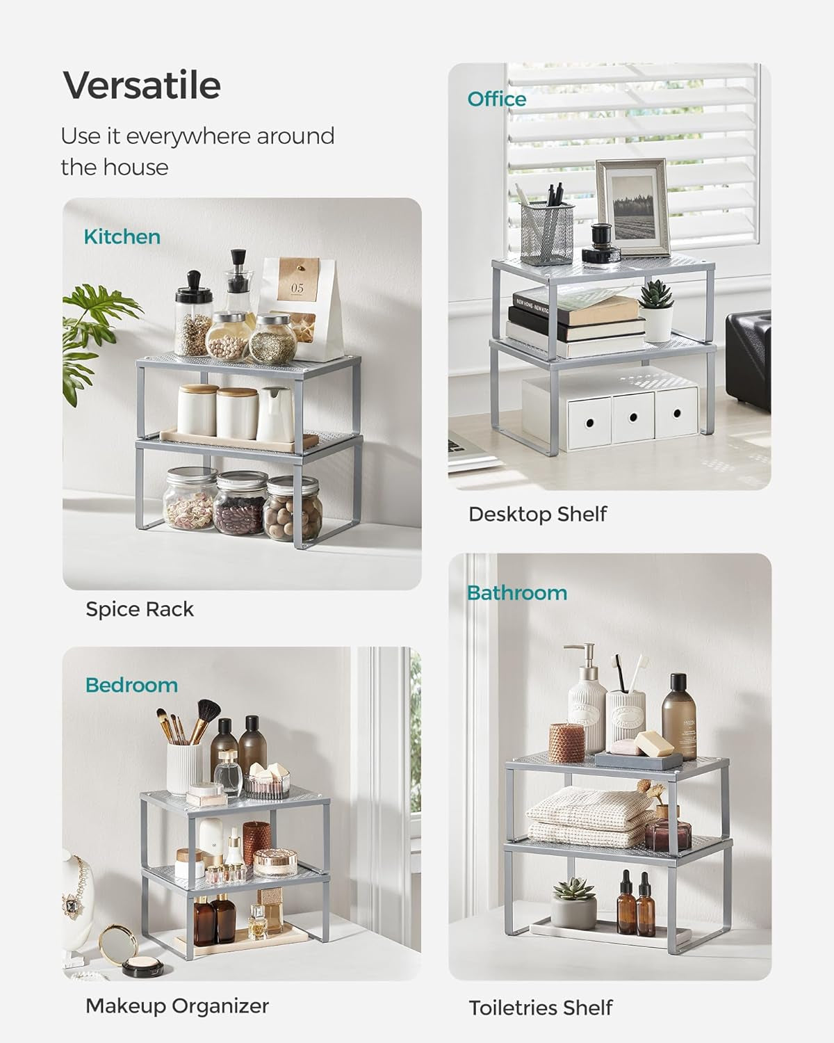 Spice Racks, Set of 2 Metal Cabinet Shelf Organizers, Countertop Organizers, Shelf Risers, Stackable, Expandable, Silver UKCS01SV