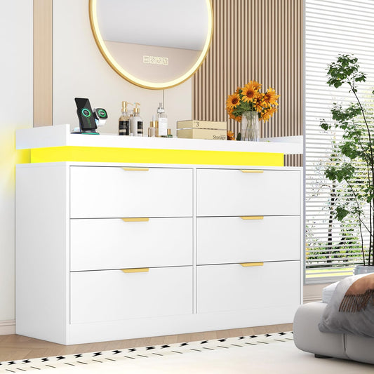 6 Drawer Dresser for Bedroom, White Dresser with LED Lights and Power Outlet, Modern Chest of Drawers for Closet, Double Wide Drawer Organizer Cabinet for Bedroom, Living Room, Entryway, Hallway