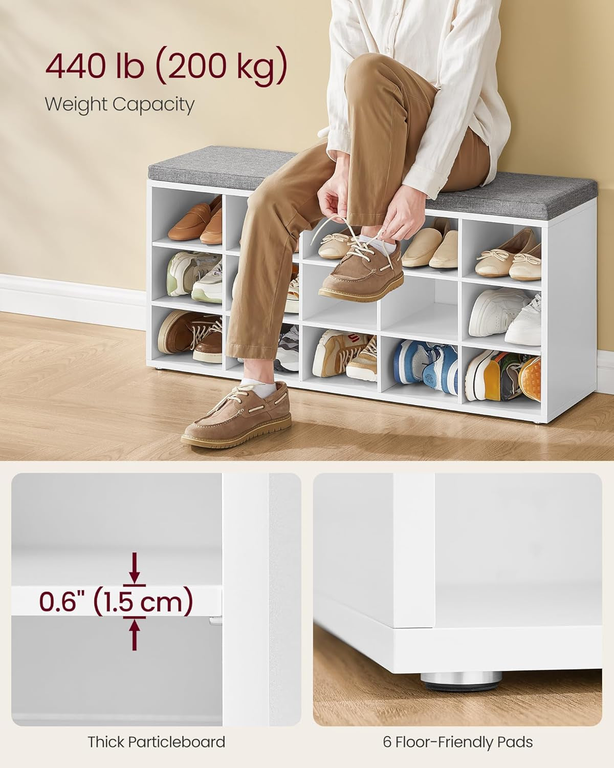 CUSTOS Collection - Shoe Bench, Storage Bench with Padded Seat, Entryway Bench with 10 Compartments, for Bedroom, 11.8 X 40.9 X 18.9 Inches, Camel Brown and Cappuccino Beige ULHS010K02