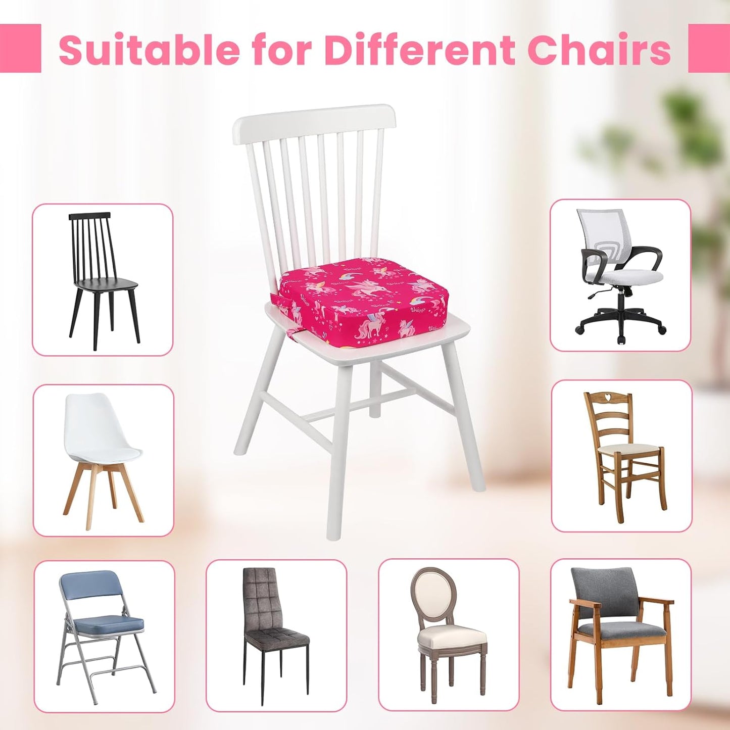 Toddler Booster Seat for Dining Table, Kids Booster Seat for Kitchen Chair with Non-Slip Bottom, Portable Detachable Washable Increasing Cushion with 2 Adjustable Straps (Unicorn)