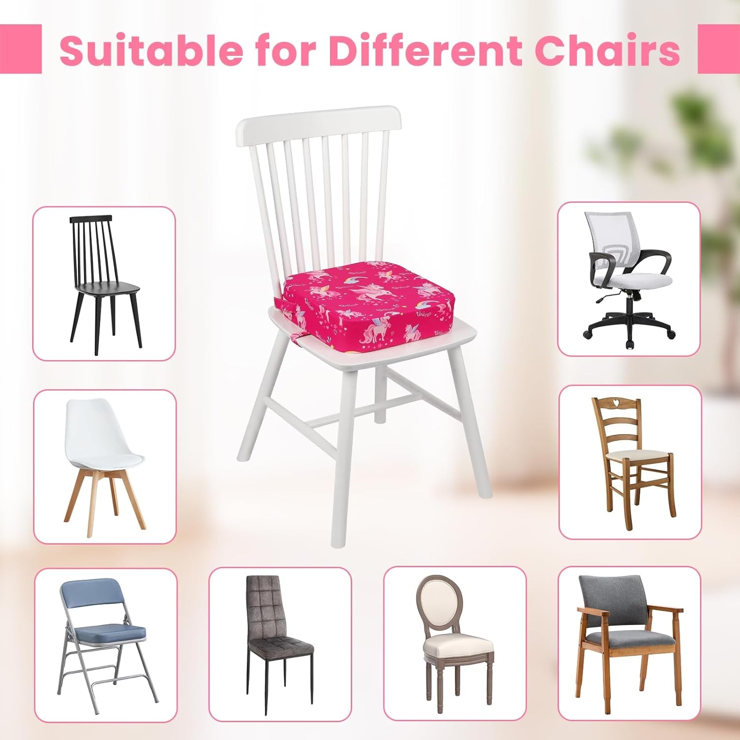 Toddler Booster Seat for Dining Table, Kids Booster Seat for Kitchen Chair with Non-Slip Bottom, Portable Detachable Washable Increasing Cushion with 2 Adjustable Straps (Unicorn)