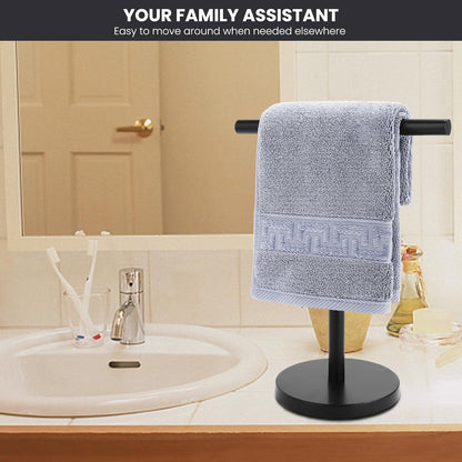 T-Shape Bath Hand Towel Holder Stand, Stainless Steel Free Standing Hand Towel Rack with Heavy Base, for Bathroom Kitchen & Countertop, Matte Black