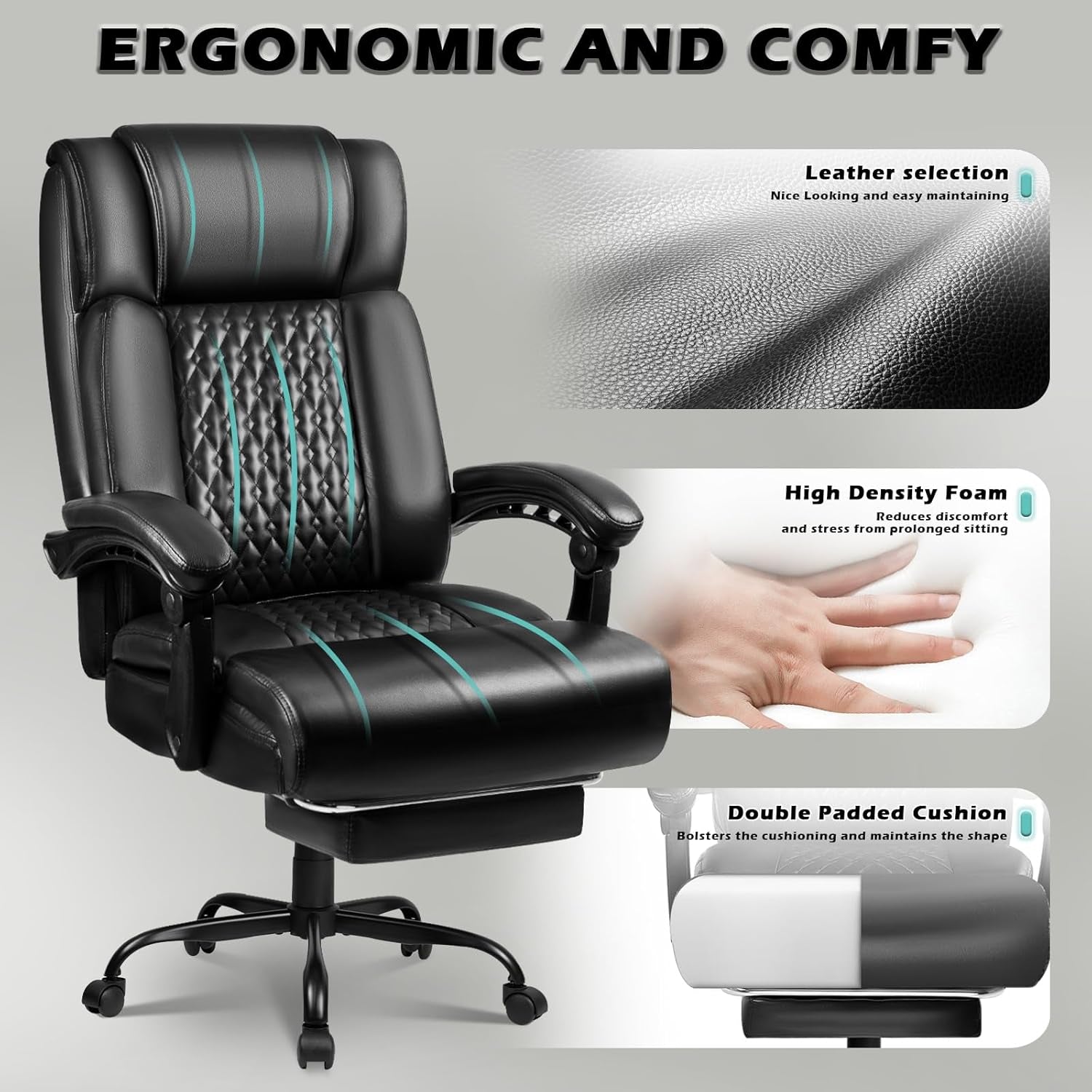 400Lbs Executive Office Chair with Foot Rest, Heavy Duty Big and Tall Desk Chair, Ergonomic High Back PU Leather Computer Chairs (Black)