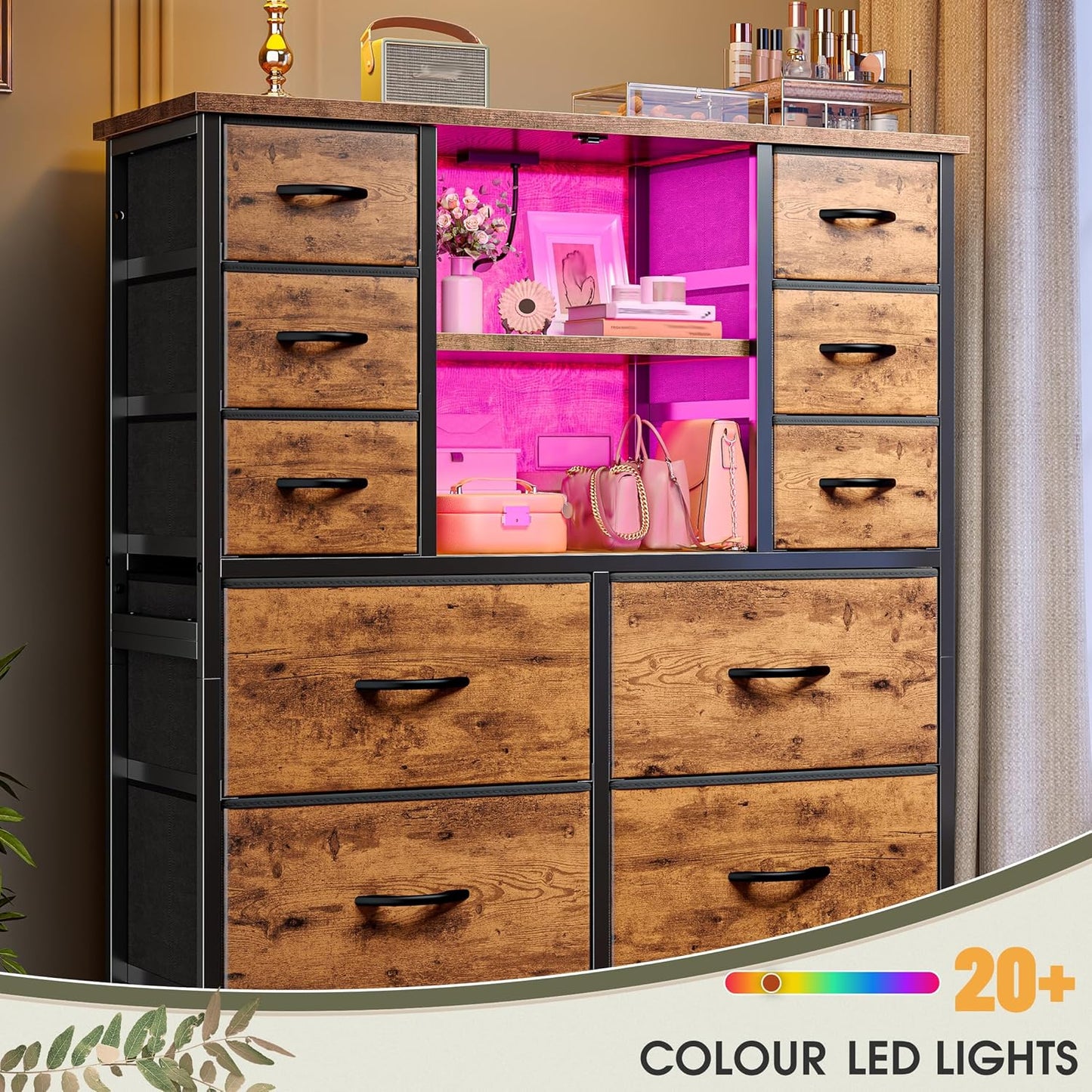 Dresser for Bedroom with Fabric Dresser, Charging Station & LED Light, Large Chest of Drawers for Living Room, Entryway, Metal Frame, Rustic Brown, 50.6" H X 37.8" W X 11.8" D