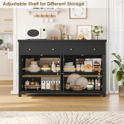 Sideboard Buffet Cabinet with Storage, 55" Large Kitchen Storage Cabinet with 2 Drawers and 4 Doors, Wood Coffee Bar Buffet Table for Kitchen Dining Room, Black