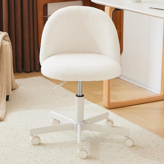 Modern Vanity Chair with Back, Velvet Desk Chair for Girls, Small Office Chair with Silent Wheels， Stylish and Comfortable, White