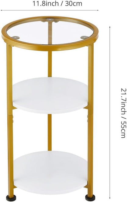 Glass Side Table, Tempered Glass Small round Side Table with 3-Tier Storage Shelves for Small Spaces, Modern Glass round End Table for Living Room, Bedside Nightstand for Bedroom (White+Gold)