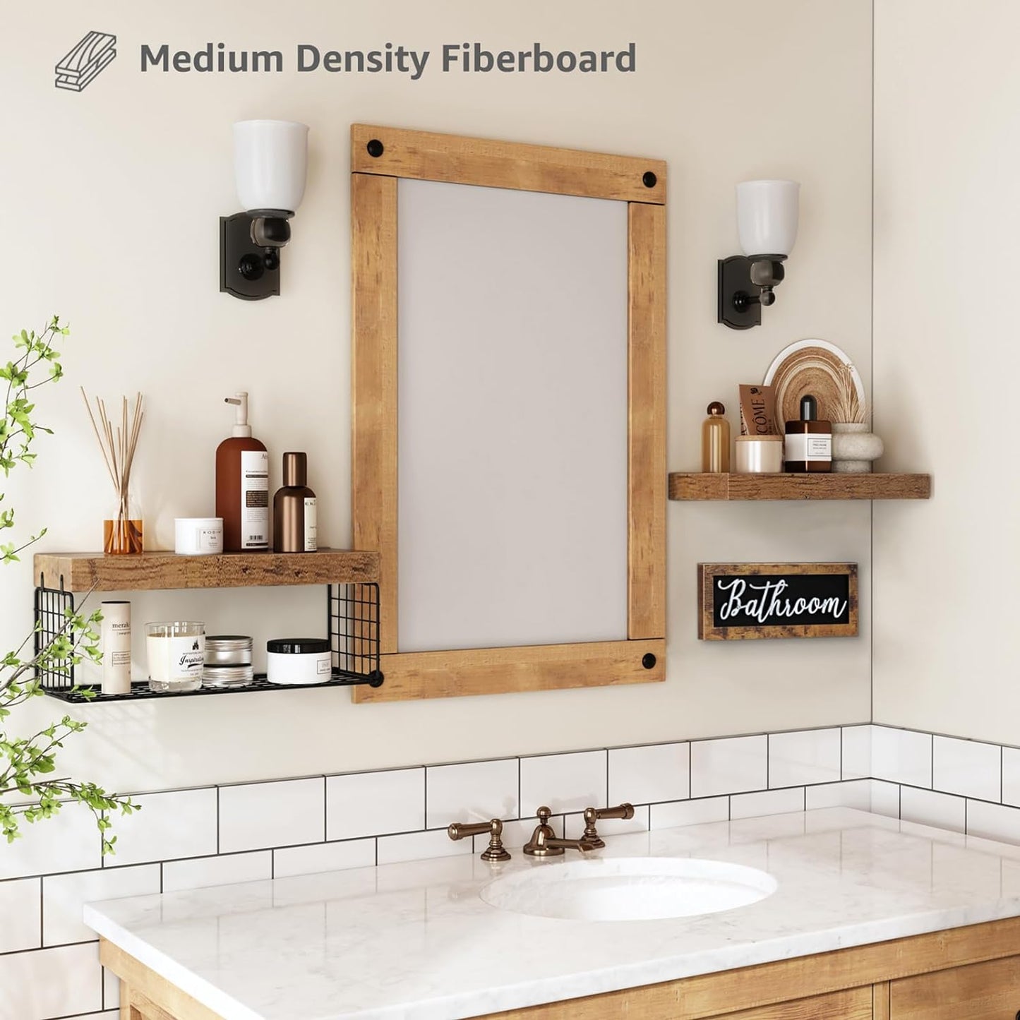 ‎Bathroom Shelves over Toilet - Paper Storage Wall Mounted Farmhouse Decor Decorations Aesthetic Décor Sign Small Floating Shelf 2+1 Set 16 Inch, Rustic Brown (020BN)