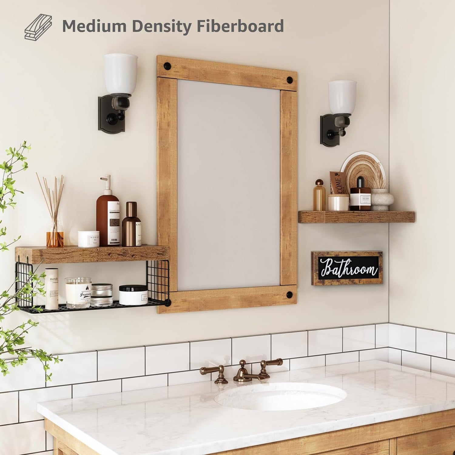 ‎Bathroom Shelves over Toilet - Paper Storage Wall Mounted Farmhouse Decor Decorations Aesthetic Décor Sign Small Floating Shelf 2+1 Set 16 Inch, Rustic Brown (020BN)