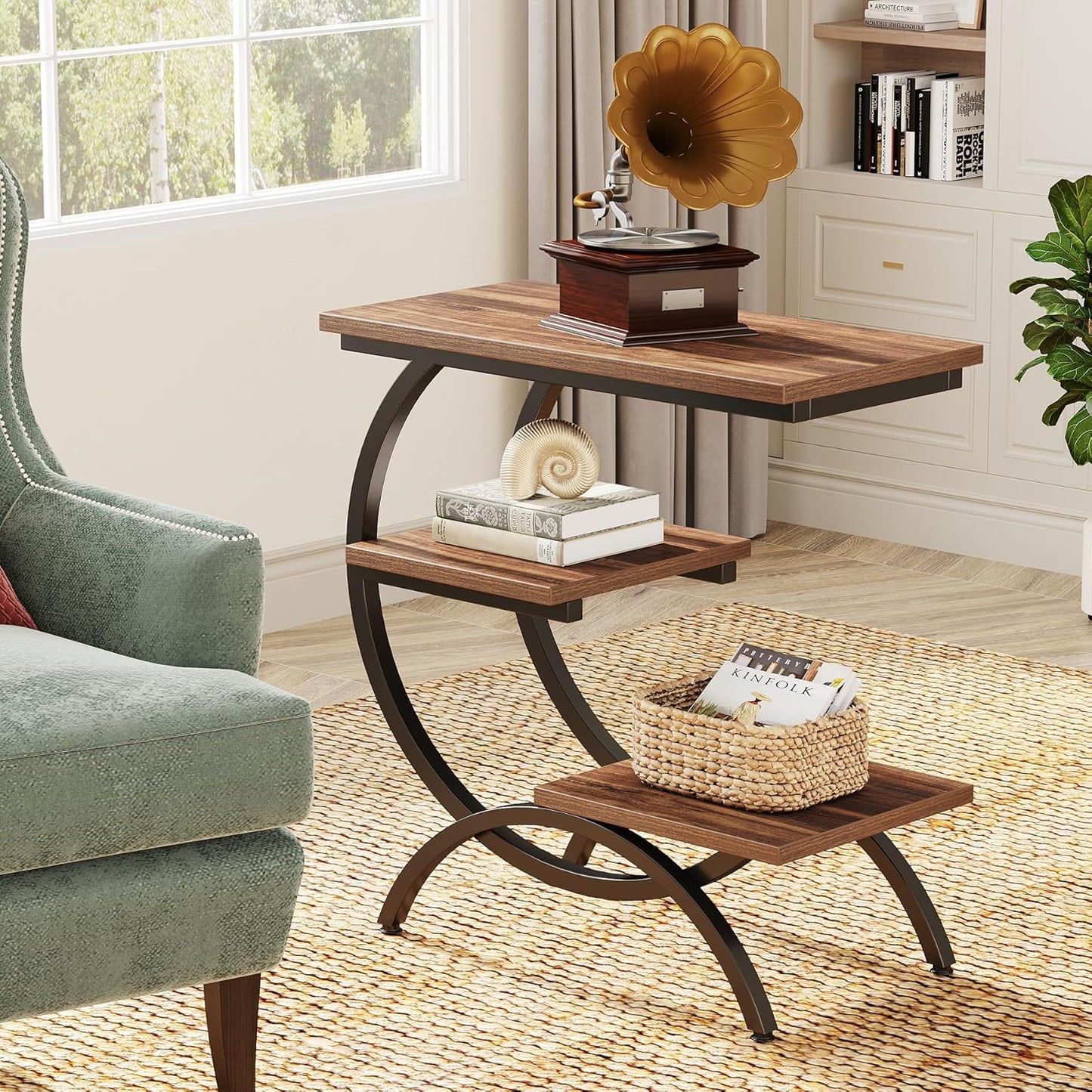 C-Shaped End Table, Industrial 3-Tier Small Side Table for Couch, Wood Bedside Table Snack Side Table with Storage Shelves for Living Room Small Space, Rustic Brown