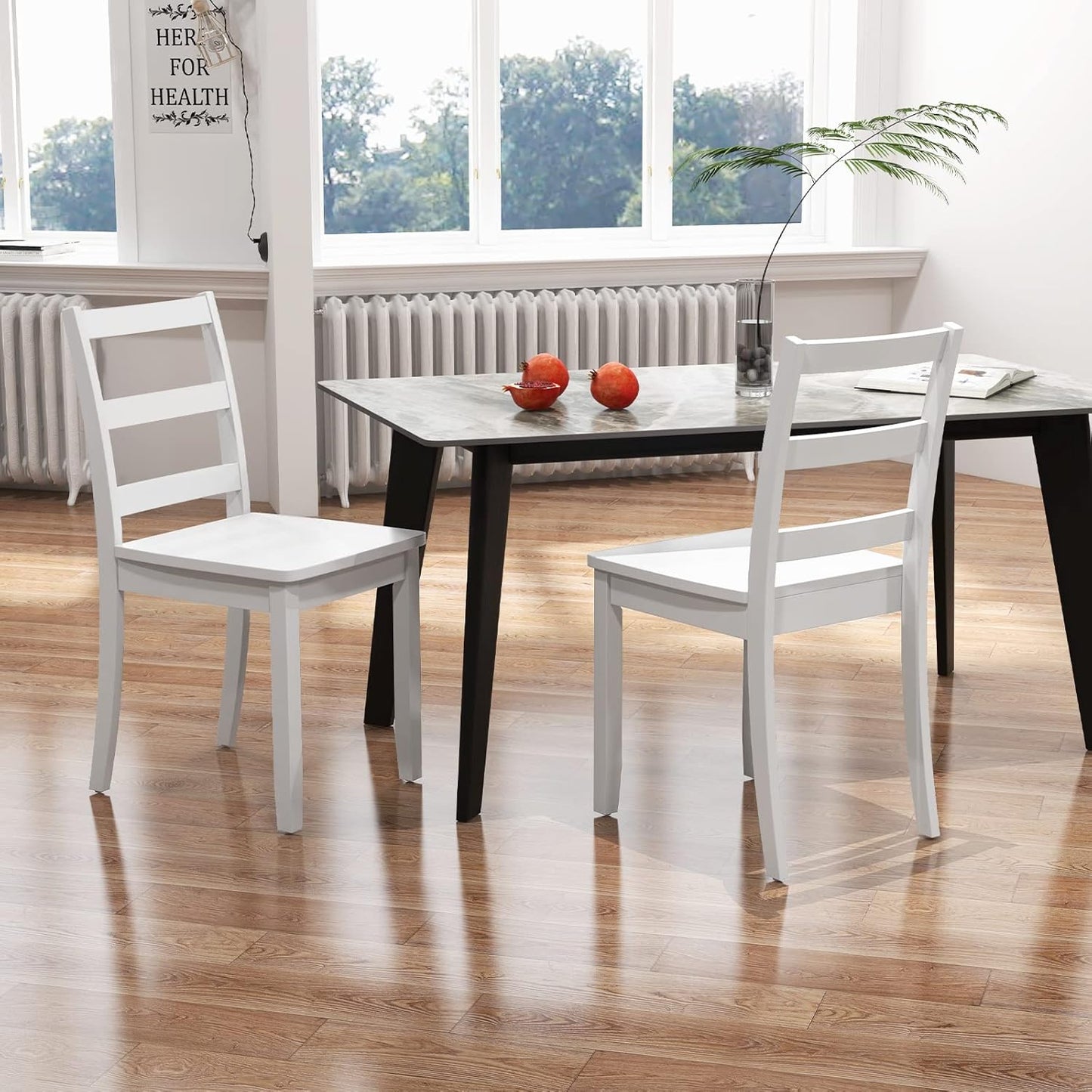 Wood Dining Chairs Set of 2 White - Wooden Armless Kitchen Chairs with Solid Rubber Wood Legs, Non-Slip Foot Pads, Max Load 400 Lbs, Farmhouse Style High Ladder Back Dining Room Chairs