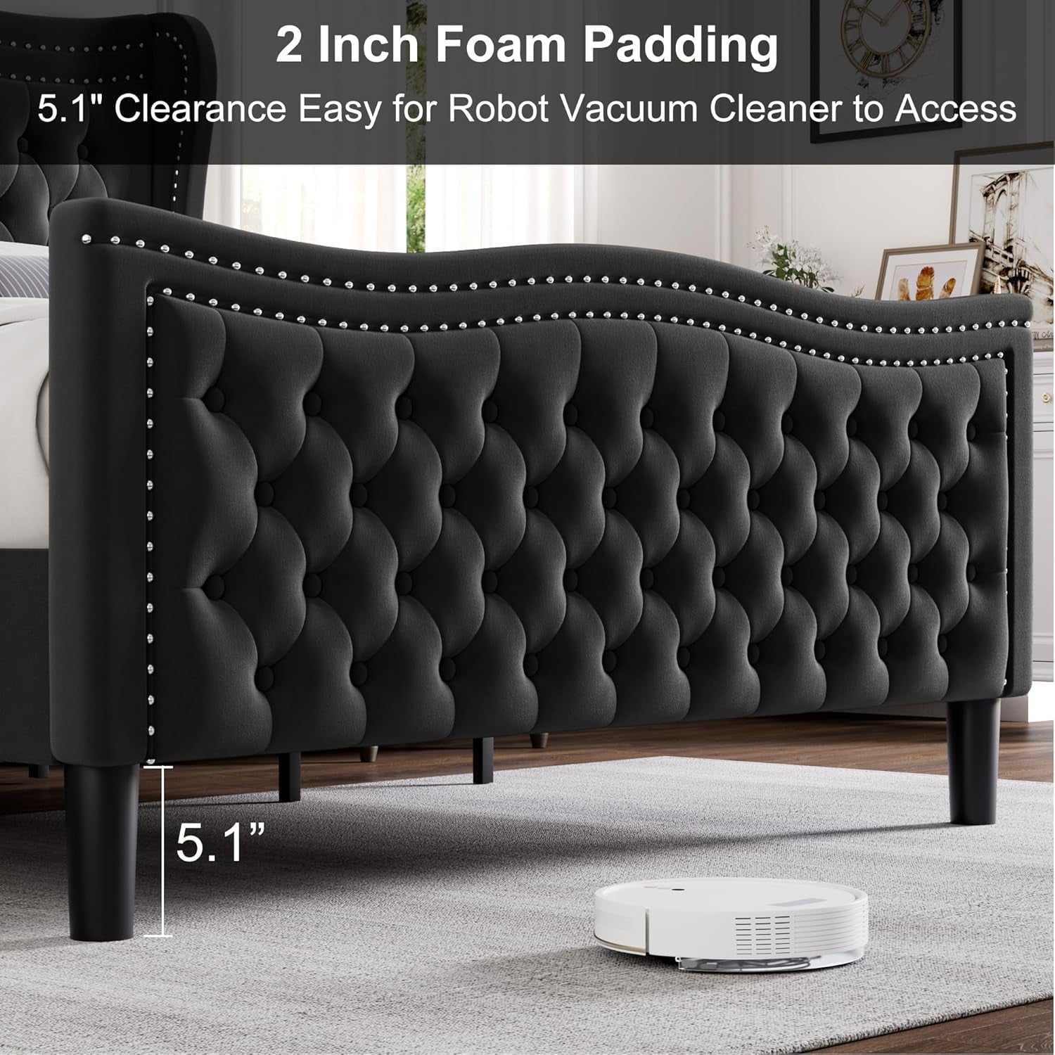 Queen Bed Frame with Tall Headboard & Footboard, Velvet Upholstered Platform Bed Frame with Deep Button Tufted Wingback, No Box Spring Needed, Noise Free, Black