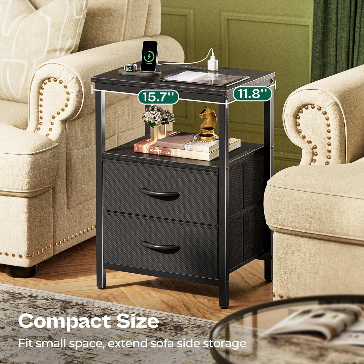 Night Stand with Charger Station and LED Lights, 2 Drawer Nightstand, Bed Side Table with Open Shelf, End Table, Fabric Dresser for Bedroom, Black