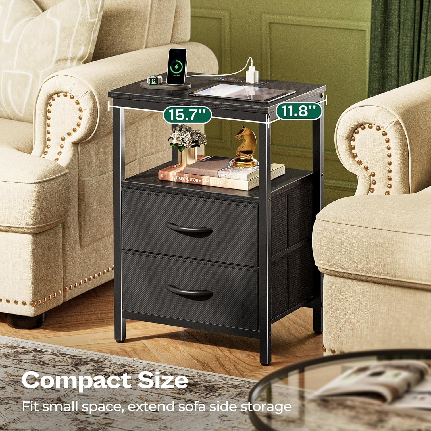 Night Stand with Charger Station and LED Lights, 2 Drawer Nightstand, Bed Side Table with Open Shelf, End Table, Fabric Dresser for Bedroom, Black