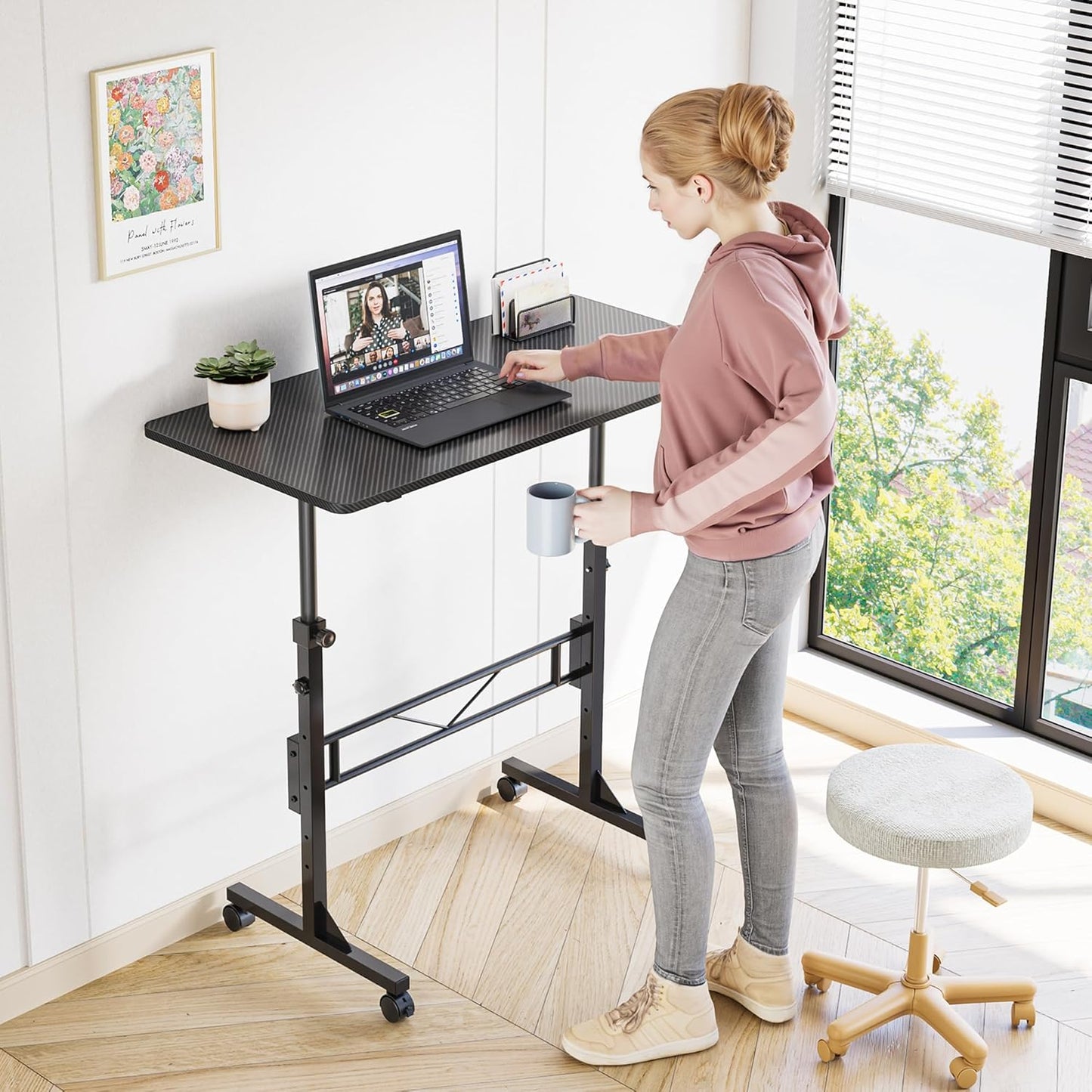 Standing Desk, 32 Inch Portable Small Desk Adjustable Height, Rolling Home Office Desks with Wheels, Sit Stand Desk for Bedroom Walking Pad Home Office Small Space, Black