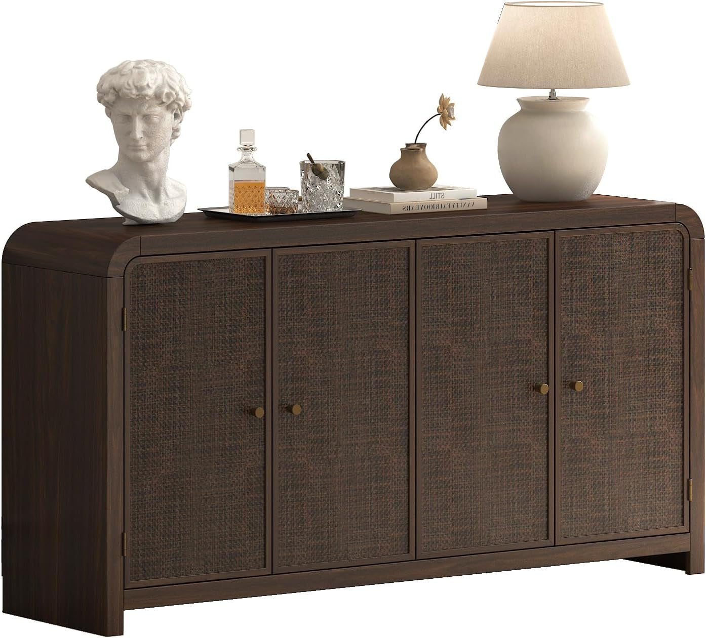 Oak Sideboard Buffet Cabinet with Storage, 60'' Boho Buffets & Sideboards with Adjustable Shelves, Rattan Sideboard Cabinet with 4 Doors for Living Room, Hallway & Kitchen