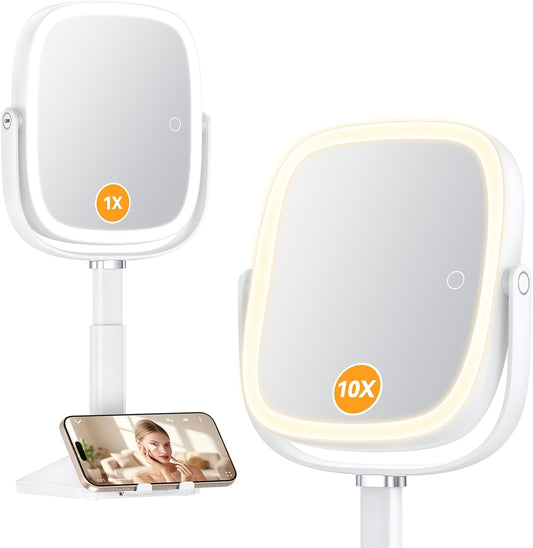 1X/10X Lighted Magnifying Mirror with Lights, Height Adjustable Lighted Makeup Mirror with Magnification for Desk, Hidden Phone Stand, 4000Mah 3 Color Modes for Vanity - White