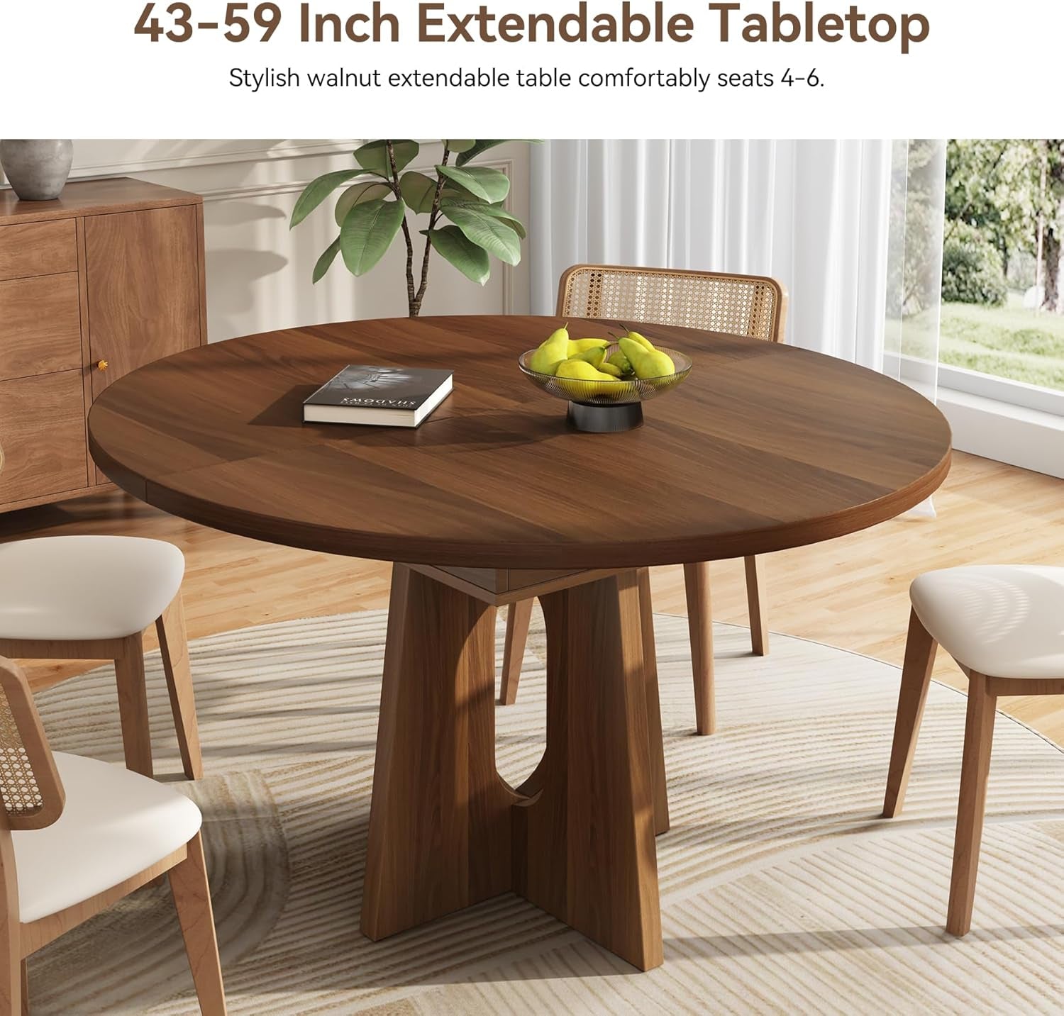 59-Inch Extendable round Dining Table for Dining Room, 4-6 People Farmhouse Oval Wood Expandable Kitchen Dinner Table with Heavy Cross Pedestal for Living Room, Apartment, Dark Brown Walnut