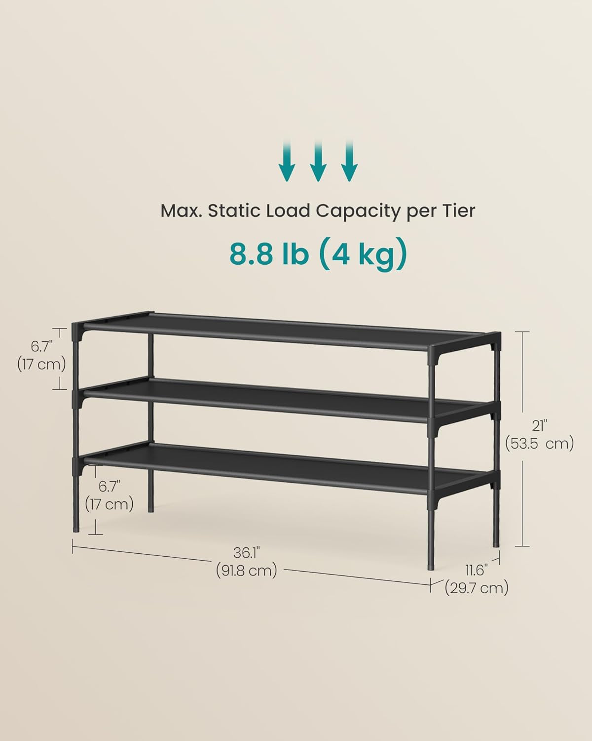Shoe Rack, 3-Tier Shoe Storage Organizer, Space-Saving, 11.6 X 36.1 X 21 Inches, Entryway, Metal Frame, Non-Woven Fabric Shelves, Ink Black ULSH033BH01S