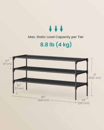 Shoe Rack, 3-Tier Shoe Storage Organizer, Space-Saving, 11.6 X 36.1 X 21 Inches, Entryway, Metal Frame, Non-Woven Fabric Shelves, Ink Black ULSH033BH01S