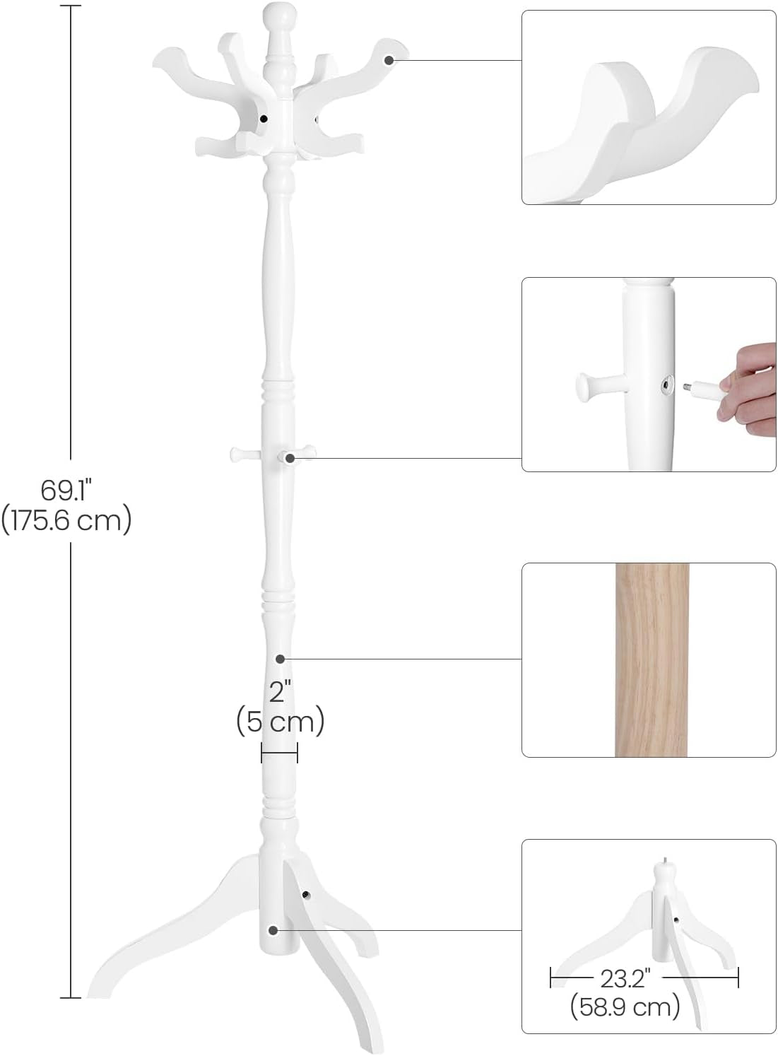 Coat Stand, Solid Wood Freestanding Coat Rack with 11 Hooks, Hall Tree for Bags, Purses, Hats, for Entryway, Hallway, Rubberwood, White URCR005W02